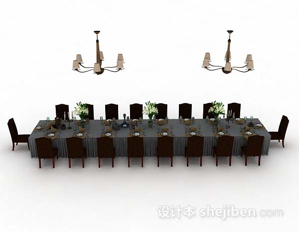 现代风格长方形棕色餐桌椅3d模型下载