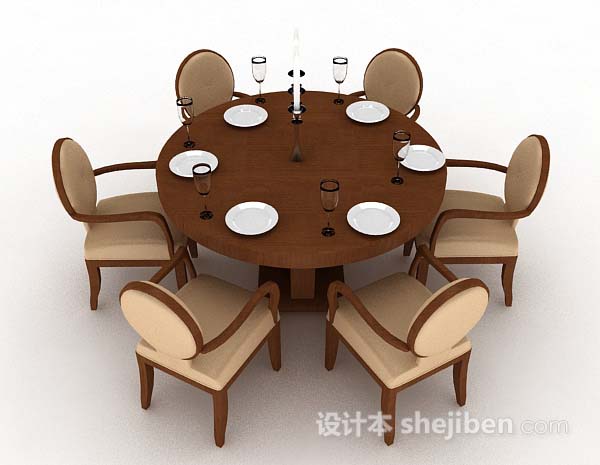 设计本棕色木质圆餐桌椅3d模型下载