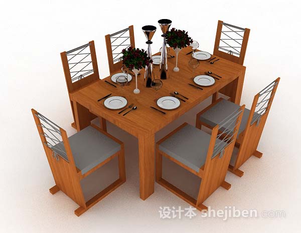 黄色木质餐桌椅3d模型下载