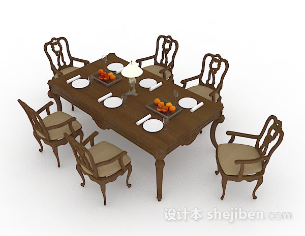 欧式风格欧式简约棕色桌椅组合3d模型下载