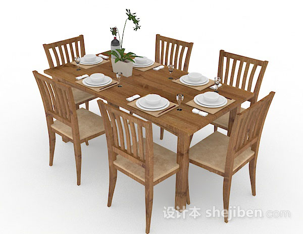 现代风格黄棕色木质餐桌椅组合3d模型下载