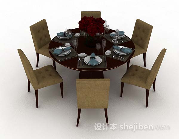 现代风格棕色木质餐桌椅3d模型下载