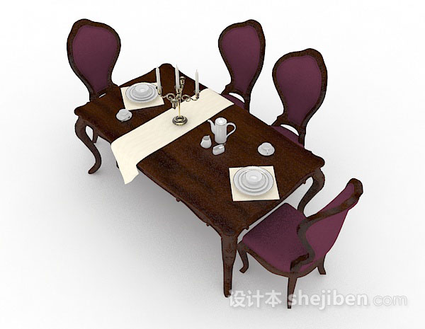现代风格紫色木质餐桌椅3d模型下载