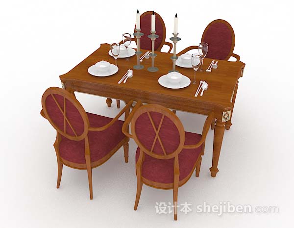 免费棕色木质餐桌椅3d模型下载