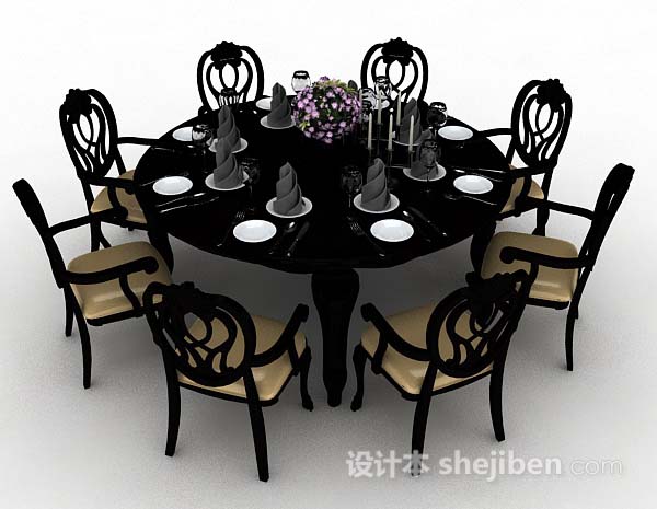 现代风格黑色圆形餐桌椅3d模型下载