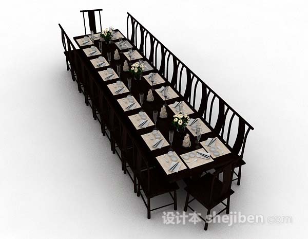 设计本新中式木质长方形餐桌椅3d模型下载