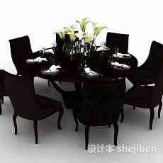 深棕色圆餐桌椅3d模型下载