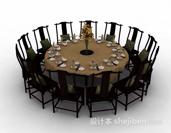 免费中式木质棕色圆餐桌椅3d模型下载