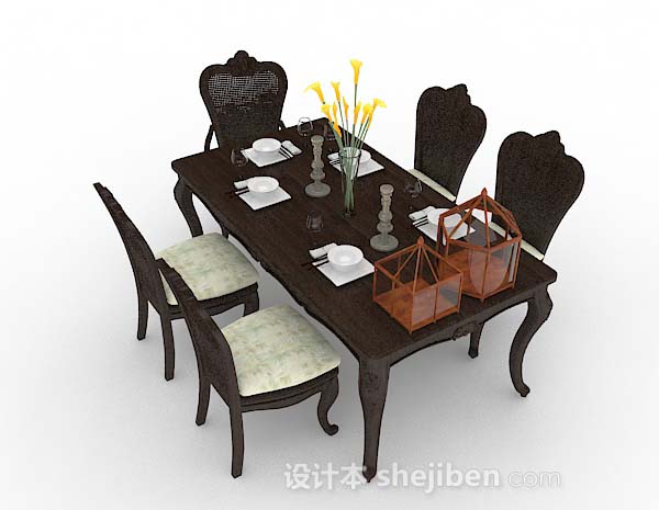 深棕色木质餐桌椅