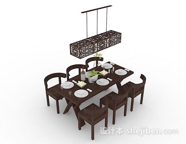 新中式木质棕色餐桌椅3d模型下载