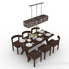 新中式木质棕色餐桌椅3d模型下载