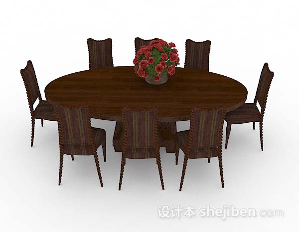 现代风格椭圆形棕色木质餐桌椅3d模型下载