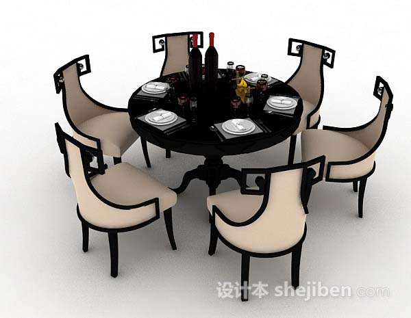 新中式圆形木质餐桌椅3d模型下载