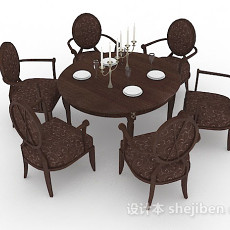 圆形木质深棕色餐桌椅3d模型下载