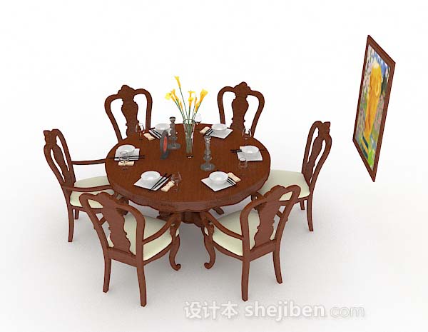 设计本圆形棕色木质餐桌椅3d模型下载