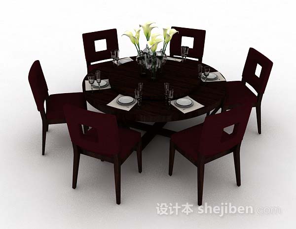 免费圆形木质餐桌椅3d模型下载