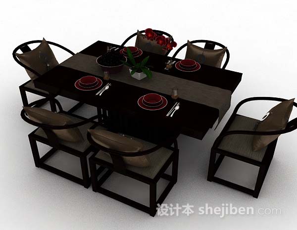 中式风格新中式棕色木质餐桌椅3d模型下载