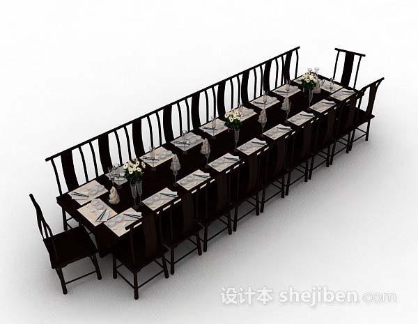 新中式木质长方形餐桌椅3d模型下载