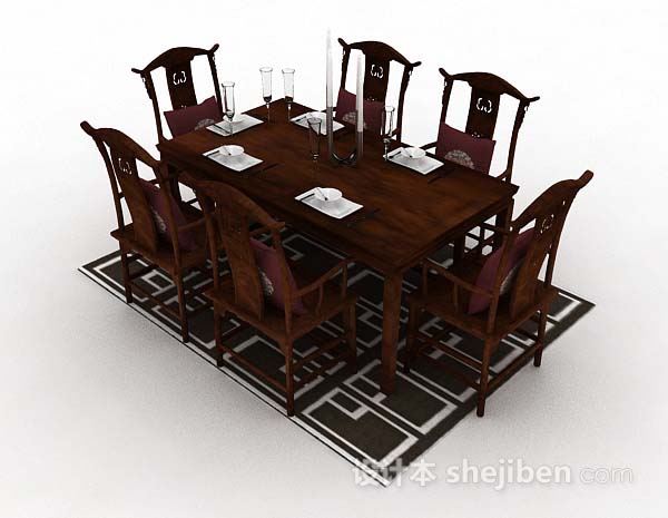 免费中式棕色木质餐桌椅3d模型下载