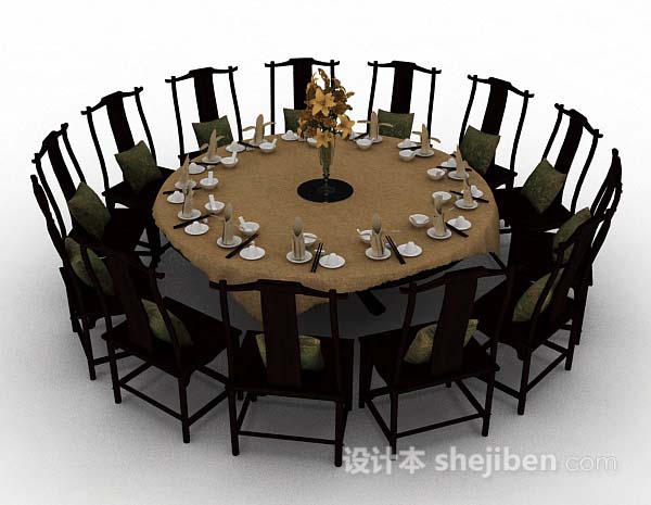 设计本中式木质棕色圆餐桌椅3d模型下载