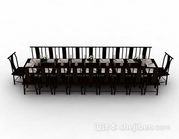 中式风格新中式木质长方形餐桌椅3d模型下载