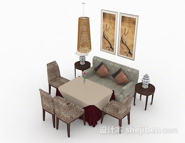 现代风格木质餐桌椅3d模型下载