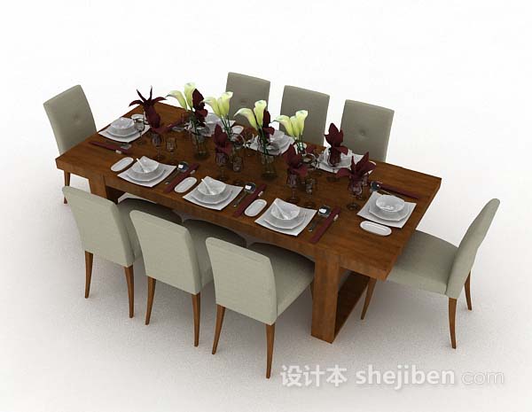 现代风格棕色餐桌椅3d模型下载