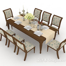欧式田园木质餐桌椅3d模型下载