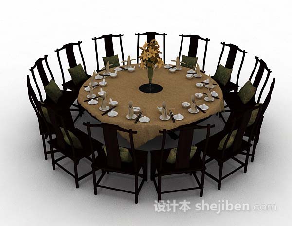 中式木质棕色圆餐桌椅3d模型下载