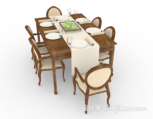 免费欧式木质餐桌椅组合3d模型下载