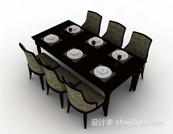 免费深棕色木质餐桌椅3d模型下载