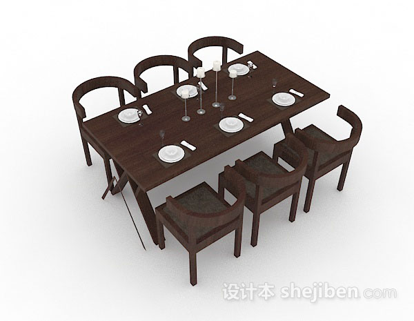 现代风格木质棕色餐桌椅组合3d模型下载