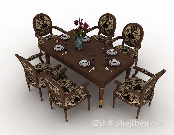 花纹棕色木质餐桌椅