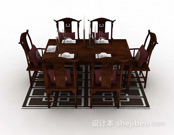 中式风格中式棕色木质餐桌椅3d模型下载