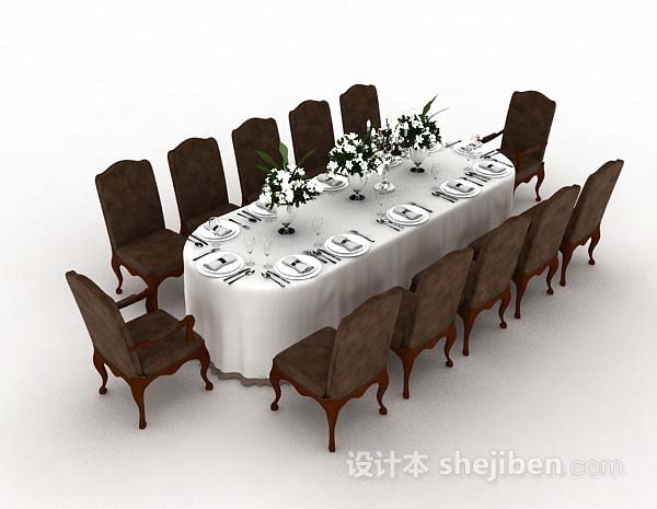 欧式椭圆形餐桌椅3d模型下载