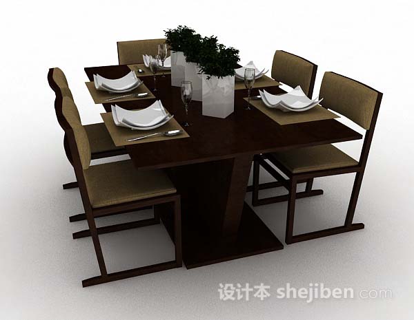 设计本棕色木质简单餐桌椅3d模型下载
