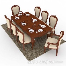 欧式棕色木质餐桌椅3d模型下载