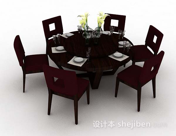 圆形木质餐桌椅3d模型下载