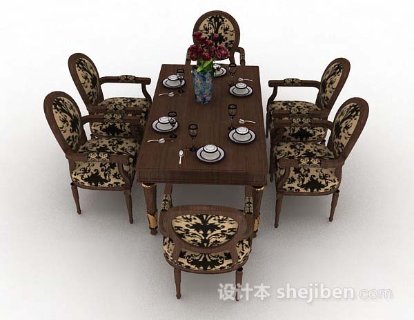 现代风格花纹棕色木质餐桌椅3d模型下载