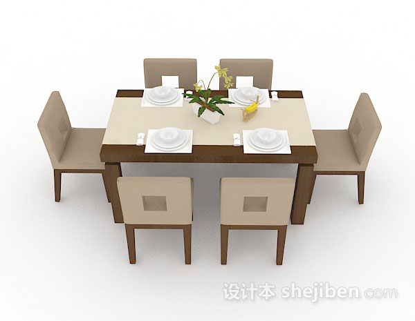 现代风格浅棕色木质餐桌椅3d模型下载