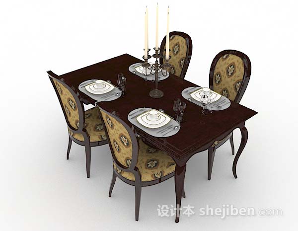 欧式风格欧式复古棕色餐桌椅3d模型下载