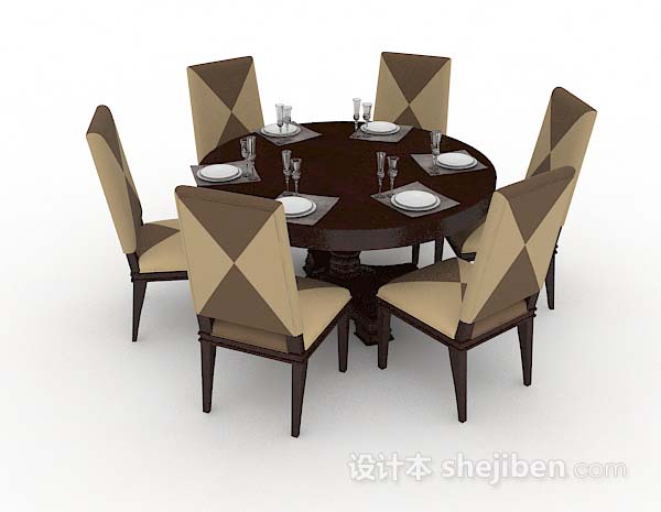 设计本棕色圆形餐桌椅3d模型下载