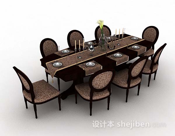 棕色木质餐桌椅3d模型下载