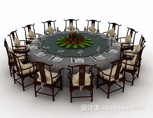 设计本中式木质圆形餐桌椅3d模型下载
