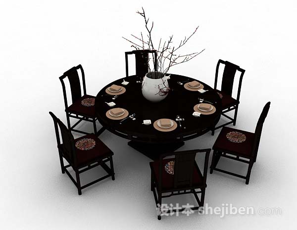 设计本中式圆形木质餐桌椅3d模型下载