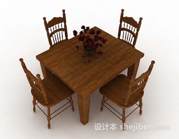 田园棕色木质餐桌椅3d模型下载