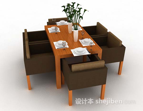 设计本棕色木质餐桌椅3d模型下载