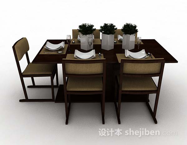 现代风格棕色木质简单餐桌椅3d模型下载