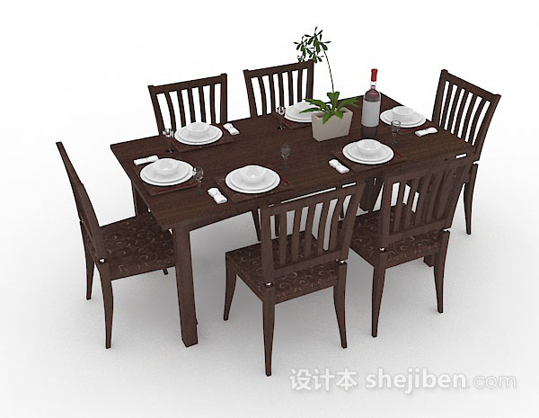 免费木质棕色餐桌椅组合3d模型下载