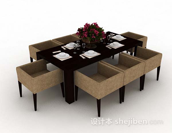 现代简约棕色餐桌椅3d模型下载